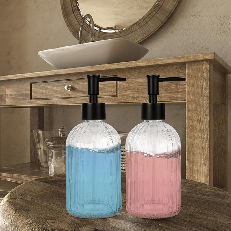 Ulable 2 Pack Glass Soap Dispenser with Pump, 13.5oz Refillable Soap Dispensers with Vertical Stripe for Hand Wash & Dish Wash, Elegant Bathroom Soap Dispenser for Dishwashing Liquid, Lotion - Image 4
